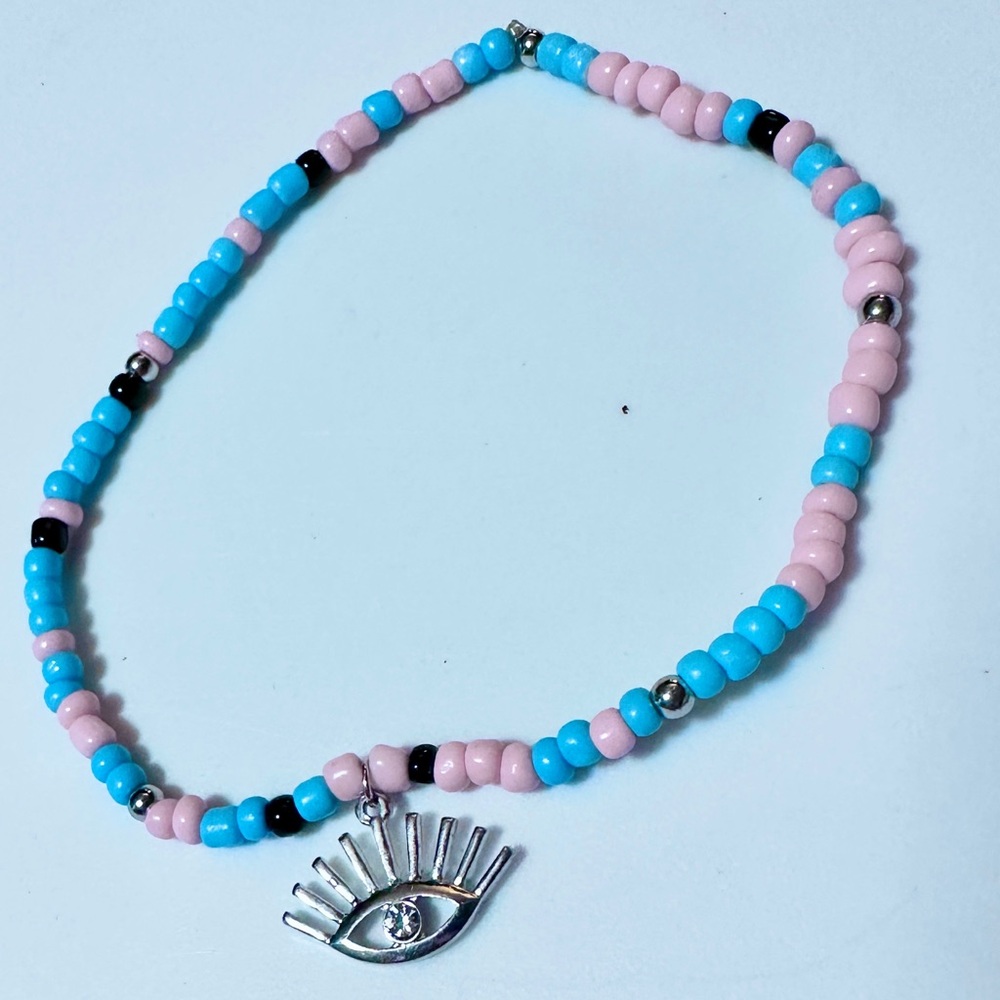 Torrid S-T-R-E-T-C-H Anklet in Pink & Blue Beads w/ Silver Eye Charm
